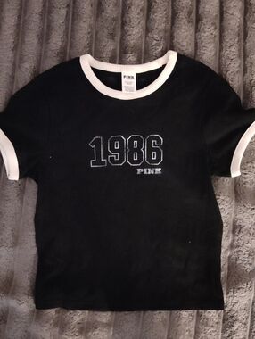 PINK Victoria's Secret Black Ringer Tee with White Trim and 1986 Graphic